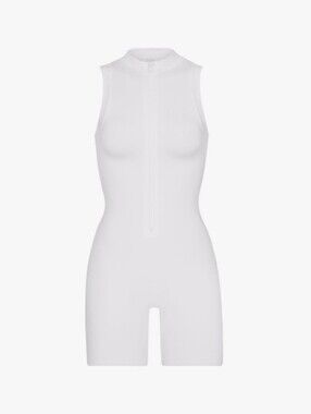 Stript White Sleeveless Coco Biker Bodycon Jumpsuit With Compression, Like New